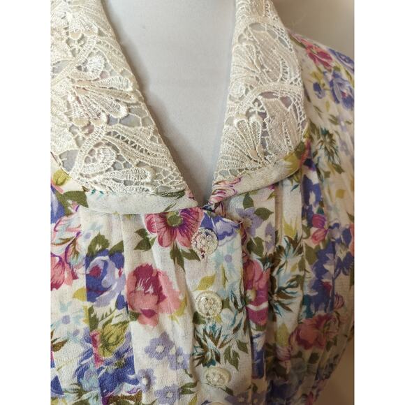 Vintage Karin Stevens Floral Button Up Midi Dress Lace Collar - Picture 8 of 15